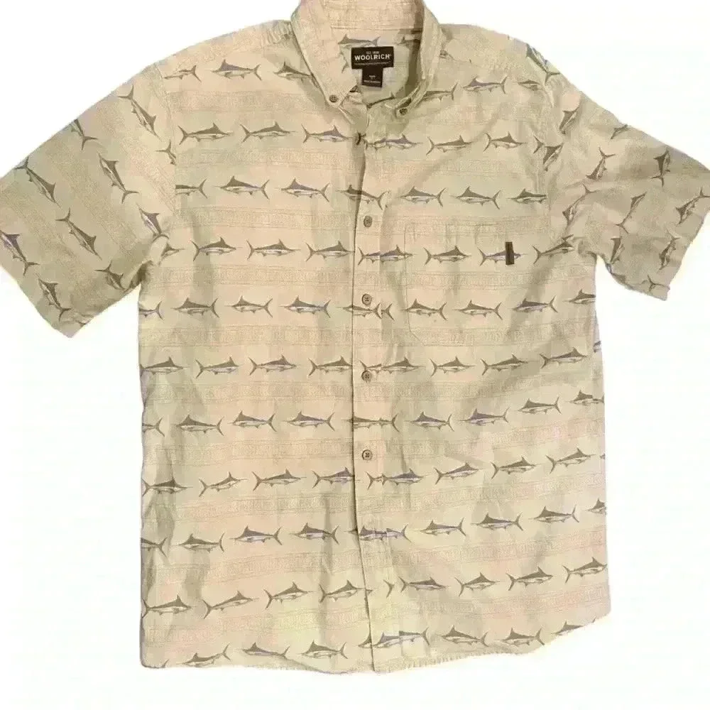 Woolrich Men’s Short Sleeve Swordfish Print Button Down Size L Pale Yellow